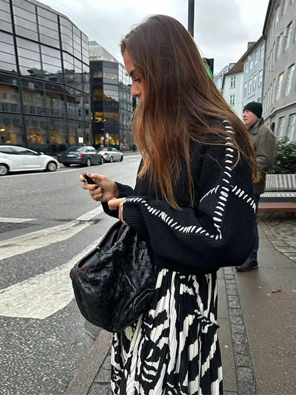 Women Elegant Contrast Stitching Knitted Pullover Casual Loose Turtleneck Long Sleeves Sweater Sweaters L