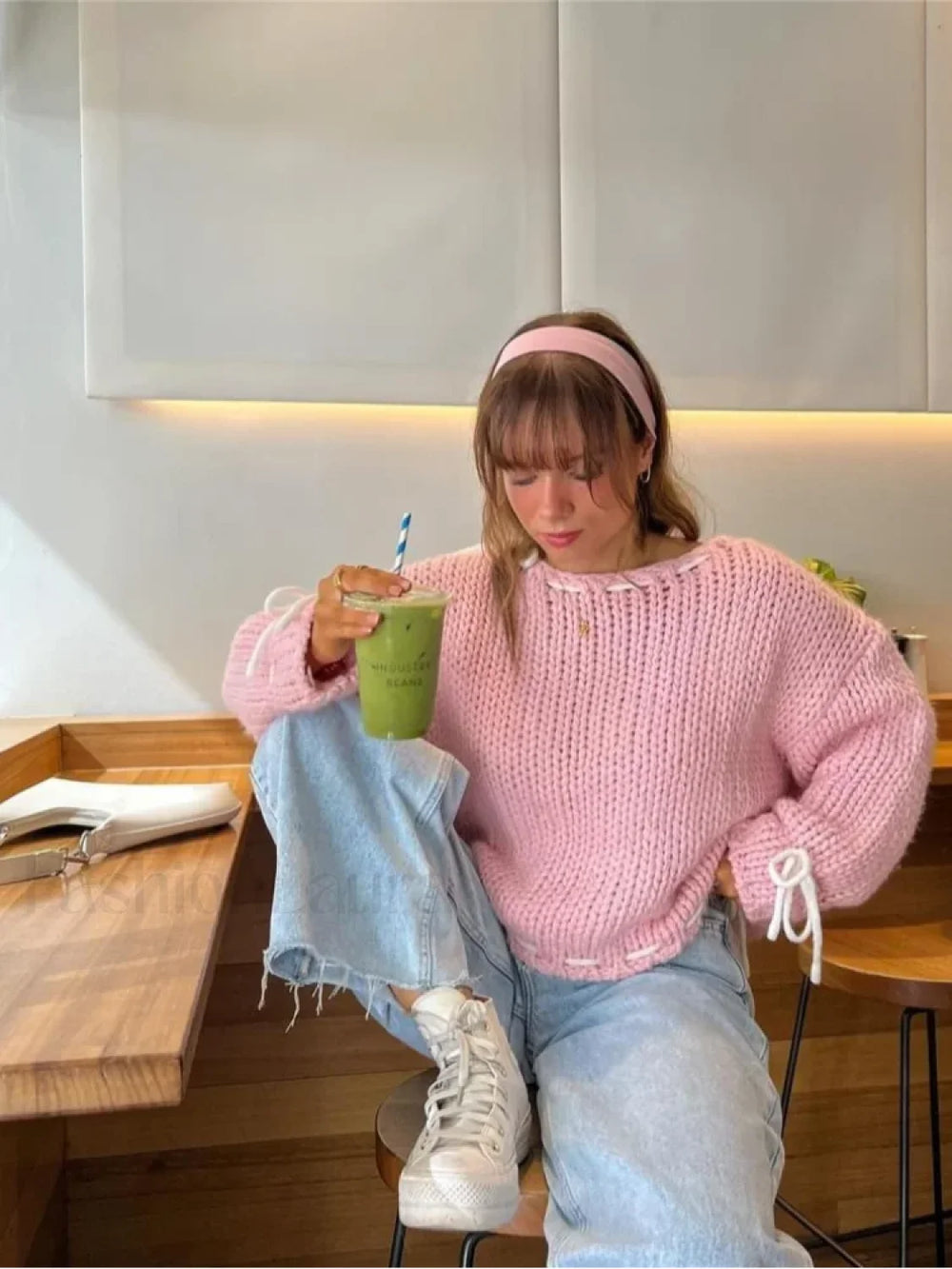 Women Elegant Solid Contrast Suture Knitted Pullover Fashion Round Neck Long Sleeve Loose Sweater Sweaters L