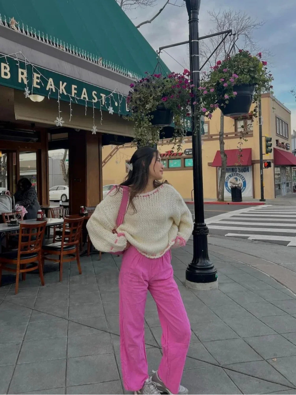 Women Elegant Solid Contrast Suture Knitted Pullover Fashion Round Neck Long Sleeve Loose Sweater Sweaters L