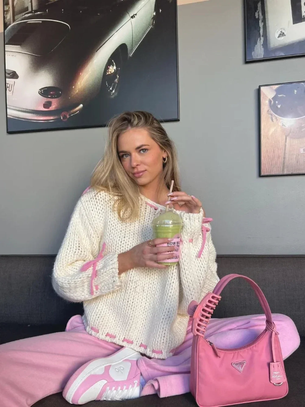 Women Elegant Solid Contrast Suture Knitted Pullover Fashion Round Neck Long Sleeve Loose Sweater Sweaters L