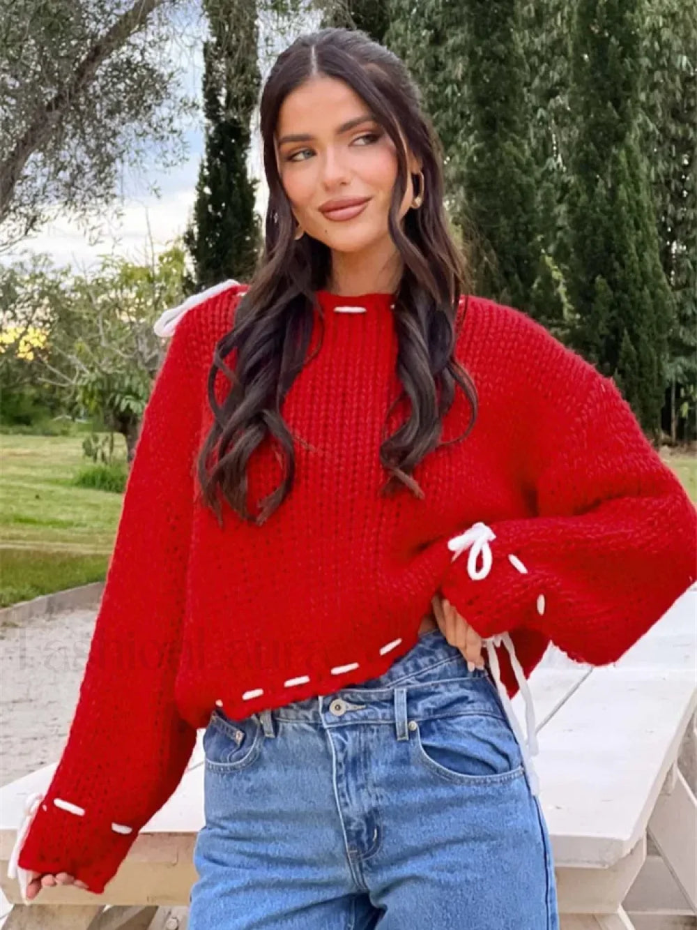 Women Elegant Solid Contrast Suture Knitted Pullover Fashion Round Neck Long Sleeve Loose Sweater Sweaters L