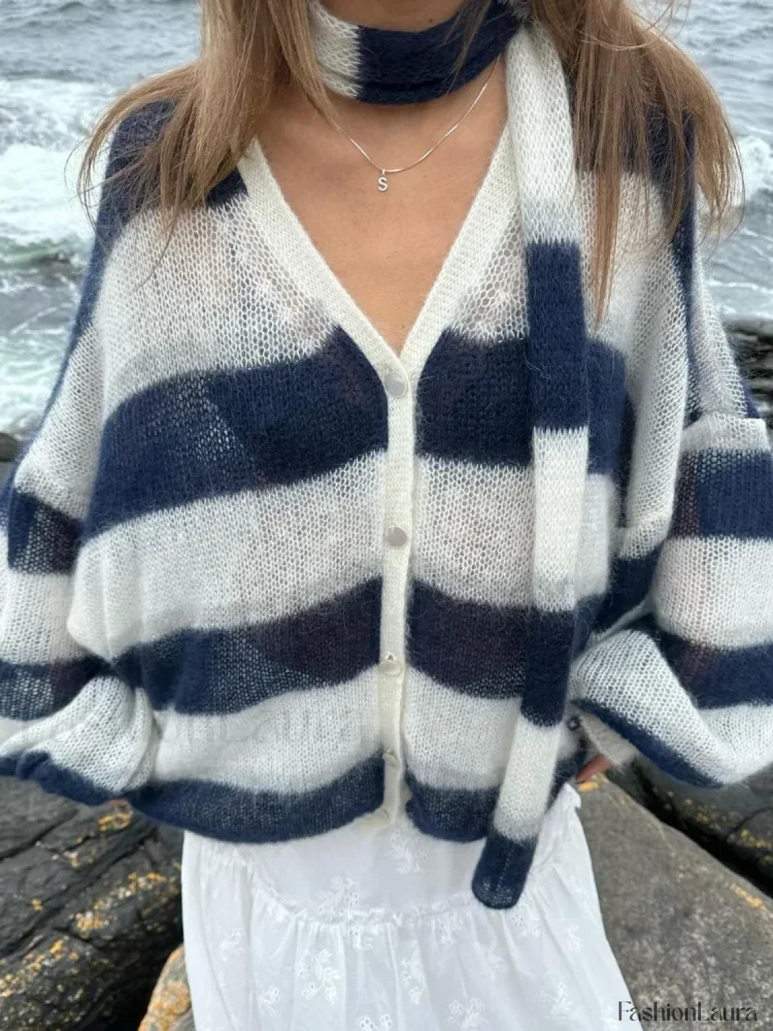 Women Fashion Contrast Striped Knitted Cardigan With Scarf Elegant V Neck Sweater Stripes / S Sweaters L