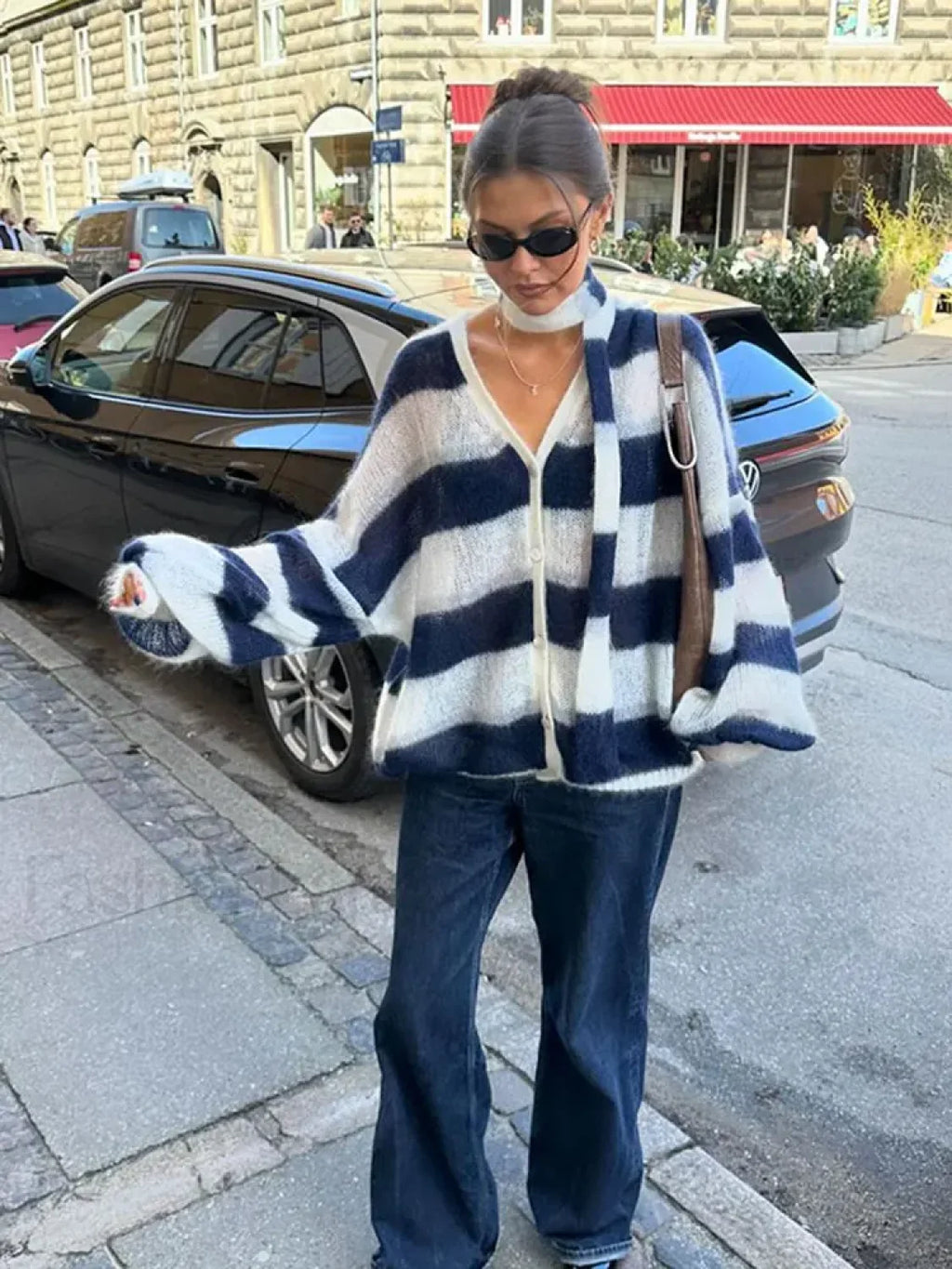 Women Fashion Contrast Striped Knitted Cardigan With Scarf Elegant V Neck Sweater Sweaters L