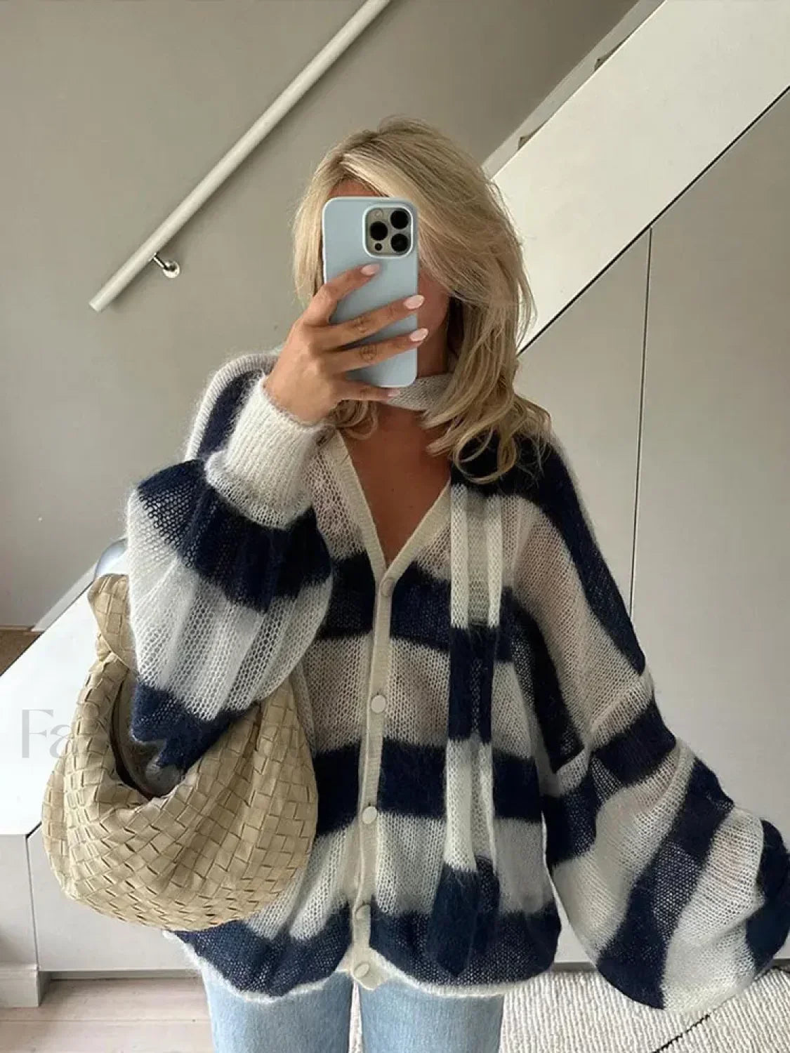 Women Fashion Contrast Striped Knitted Cardigan With Scarf Elegant V Neck Sweater Secondary image