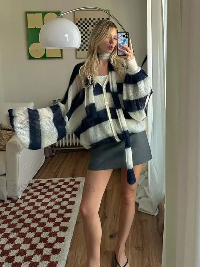 Women Fashion Contrast Striped Knitted Cardigan With Scarf Elegant V Neck Sweater Sweaters L Main image