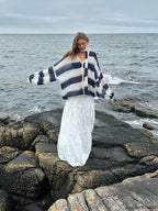 Women Fashion Contrast Striped Knitted Cardigan With Scarf Elegant V Neck Sweater Sweaters L
