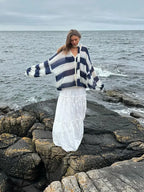 Women Fashion Contrast Striped Knitted Cardigan With Scarf Elegant V Neck Sweater Sweaters L