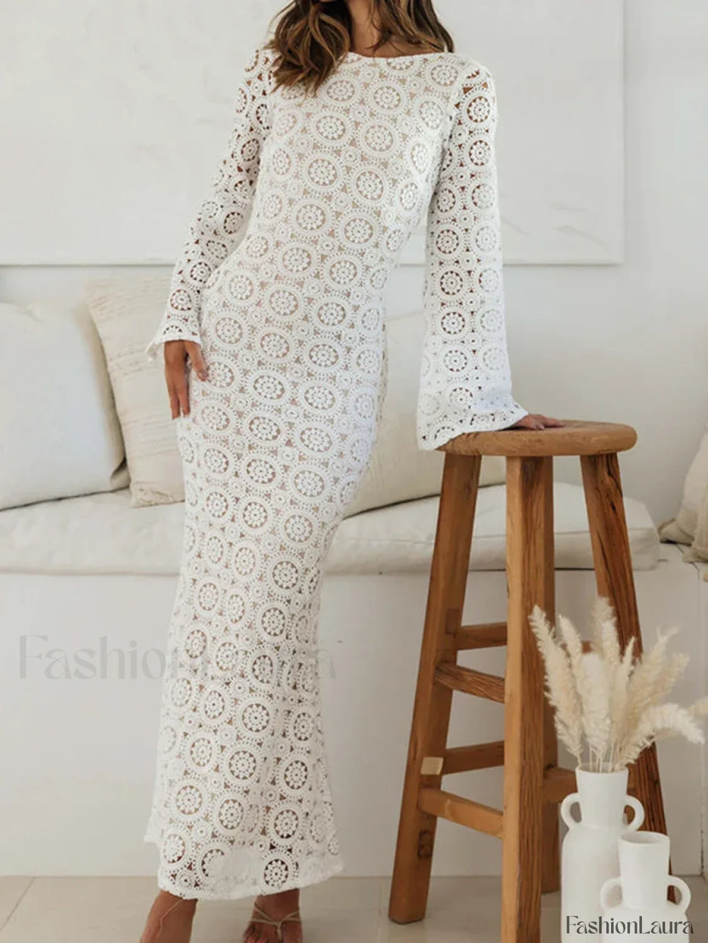 Women Knit Long Elegant Flower Jacquard Backless Maxi Hollow Out Crochet Holiday Beach Lace Dress