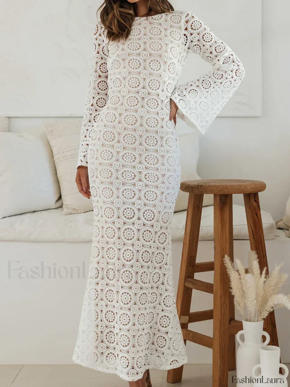 Women Knit Long Elegant Flower Jacquard Backless Maxi Hollow Out Crochet Holiday Beach Lace Dress WHITE / S