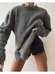Women Knitted Hole Streetwear Long Sleeve Vintage Harajuku Y2K Pullover Coat Loose Sweater Sweaters L