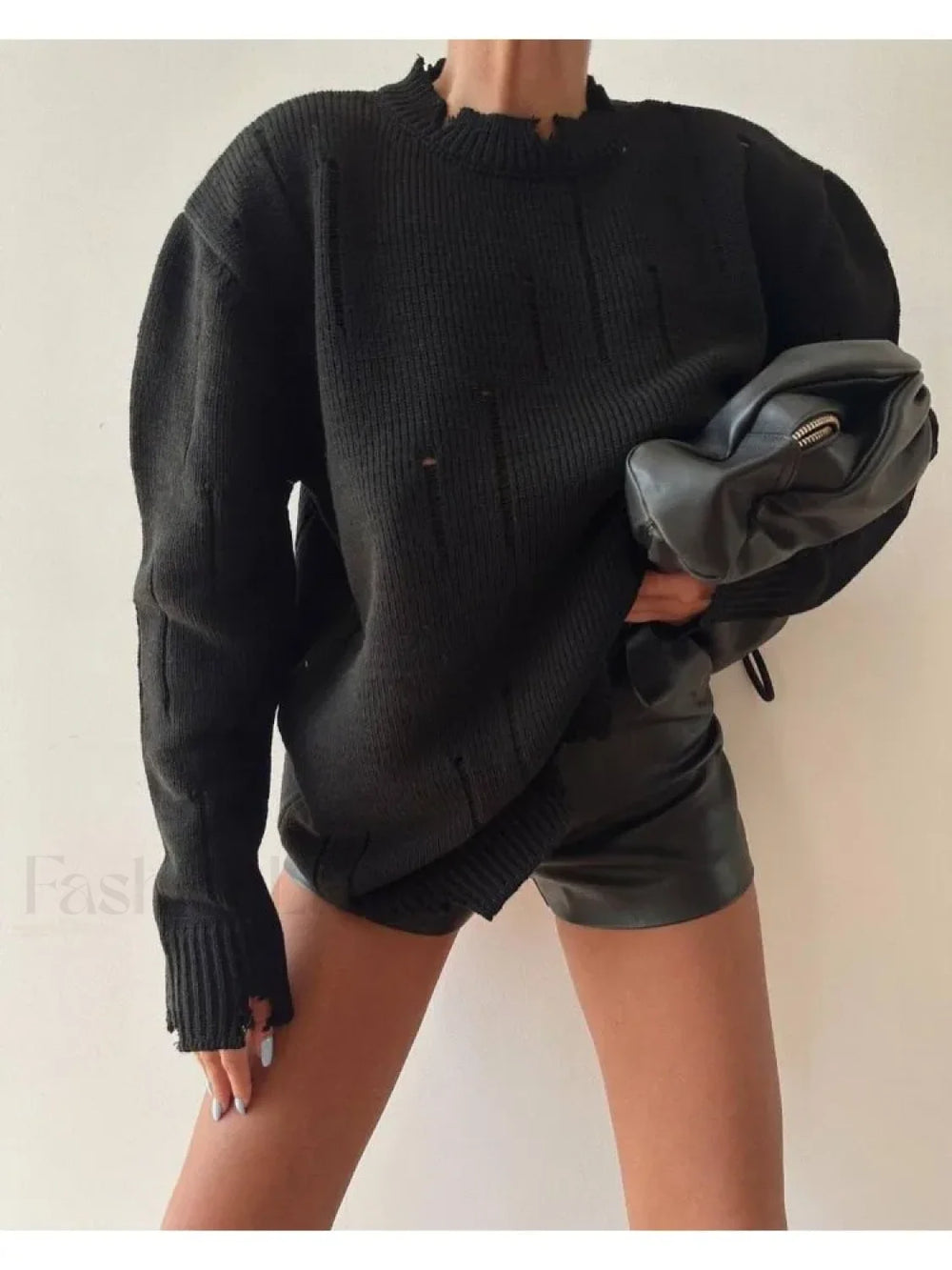 Women Knitted Hole Streetwear Long Sleeve Vintage Harajuku Y2K Pullover Coat Loose Sweater Sweaters L