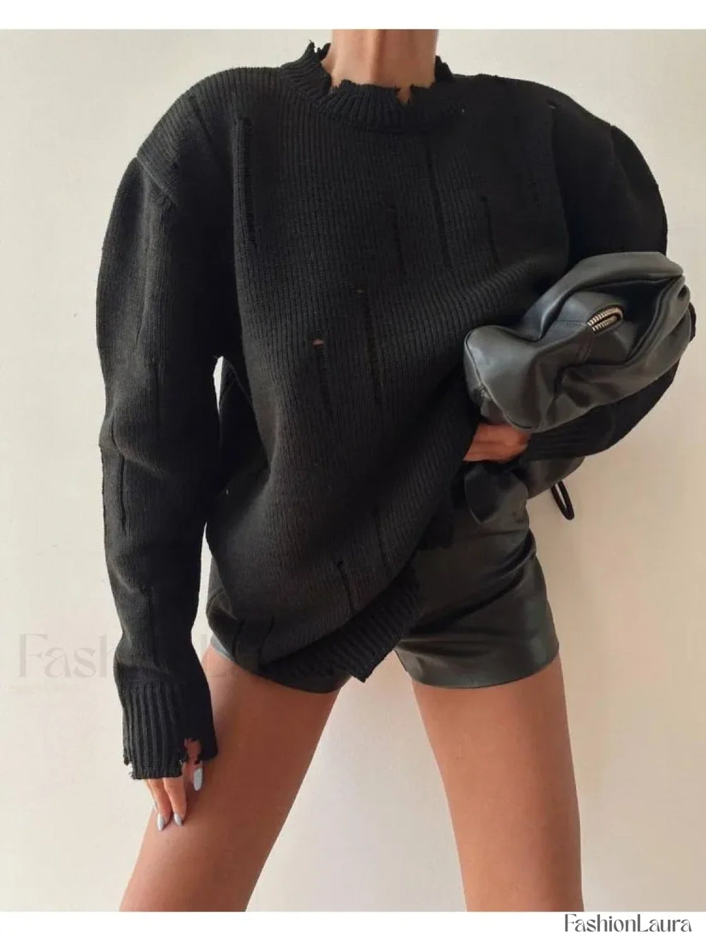 Women Knitted Hole Streetwear Long Sleeve Vintage Harajuku Y2K Pullover Coat Loose Sweater Sweaters L