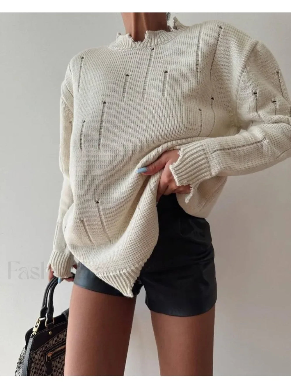 Women Knitted Hole Streetwear Long Sleeve Vintage Harajuku Y2K Pullover Coat Loose Sweater Sweaters L