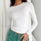 Women Long Sleeve Solid Slim Fit Casual Crop Top