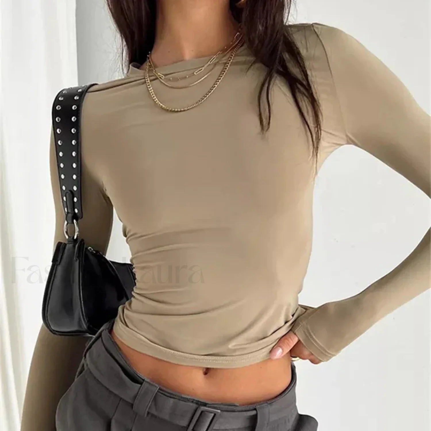 Women Long Sleeve Solid Slim Fit Casual Crop Top Secondary image