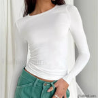 Women Long Sleeve Solid Slim Fit Casual Crop Top