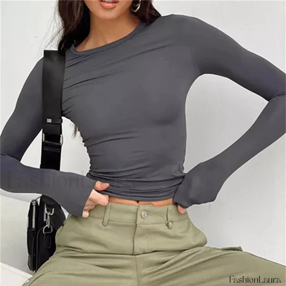Women Long Sleeve Solid Slim Fit Casual Crop Top