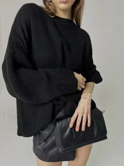 Women New Casual Solid Loose Fashion O neck Long Sleeve Knitting Pullover 2024 Sweater BLACK / S Sweaters L