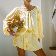 Women Plaid Tie up T shirt Elastic Waist Shorts Two Piece Set