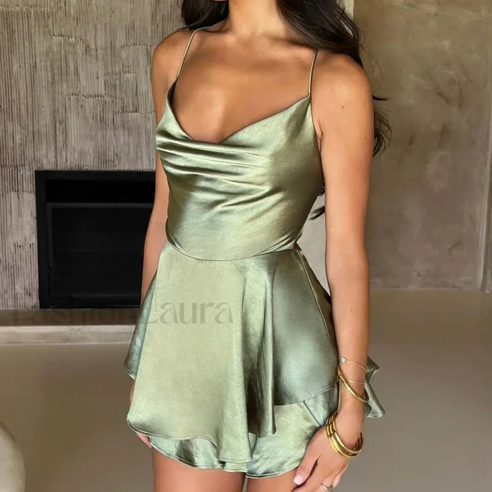 Women Satin Spaghetti Strap Lace up Sexy A Line Dress Green / S
