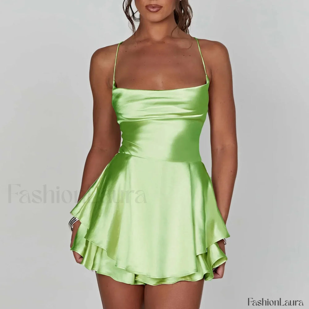 Women Satin Spaghetti Strap Lace up Sexy A Line Dress Light Green / S