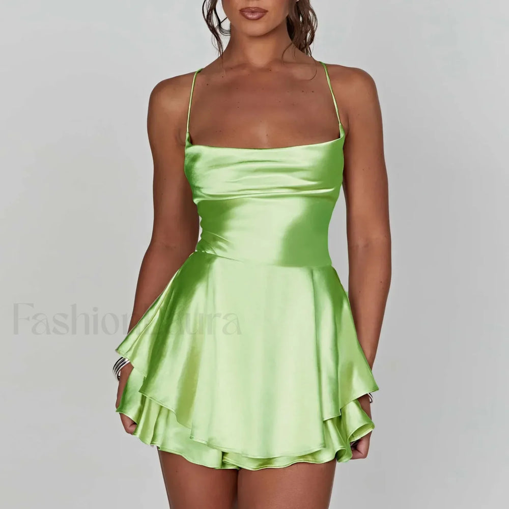 Women Satin Spaghetti Strap Lace up Sexy A Line Dress Light Green / S
