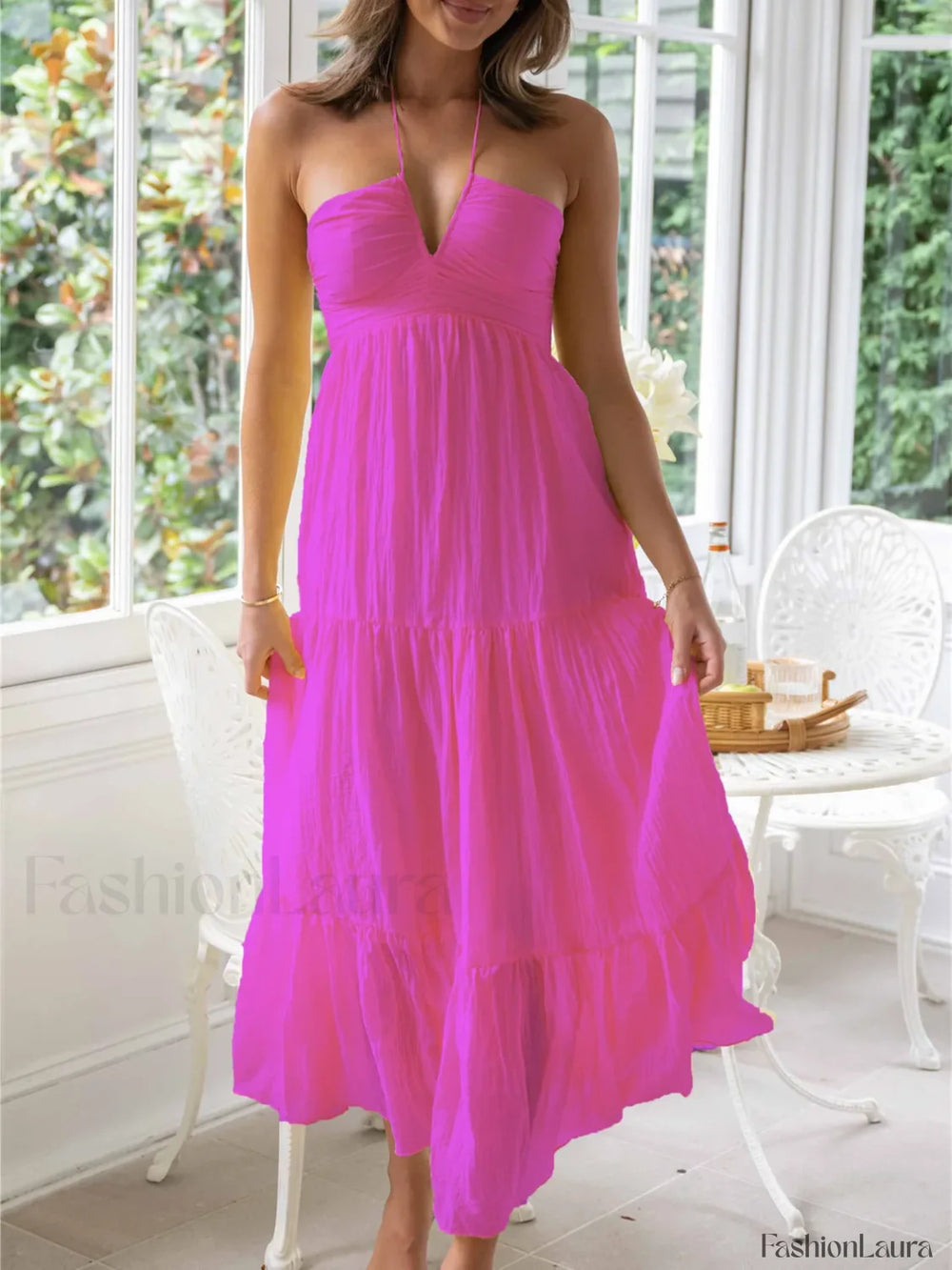 Women Solid Tie Up Halter Neck Backless Casual Beach A Line Dress