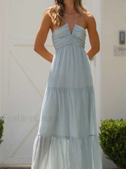 Women Solid Tie Up Halter Neck Backless Casual Beach A Line Dress