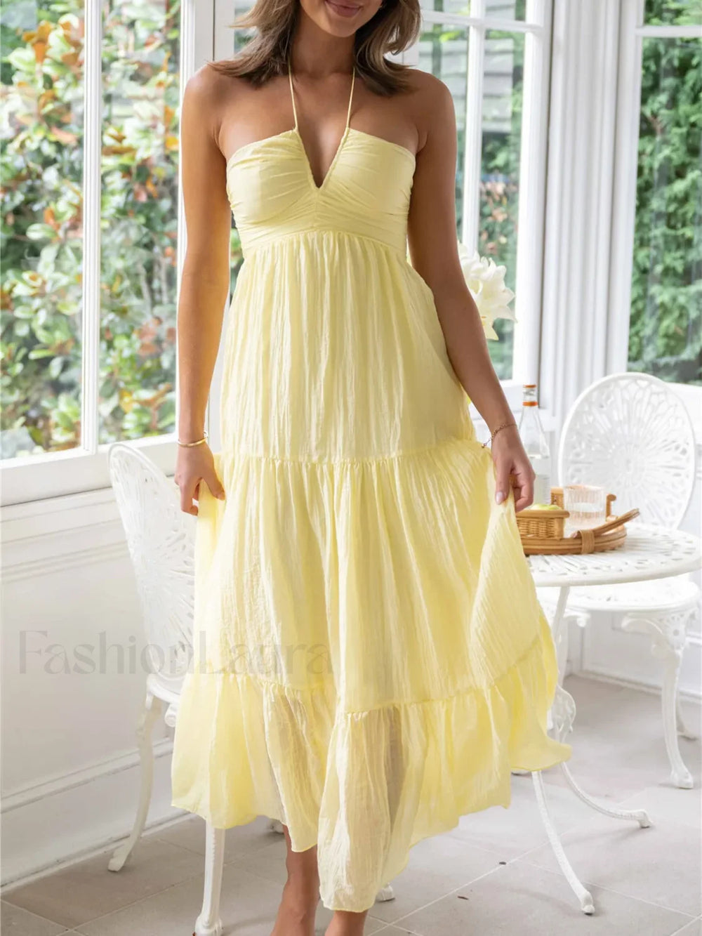 Women Solid Tie Up Halter Neck Backless Casual Beach A Line Dress