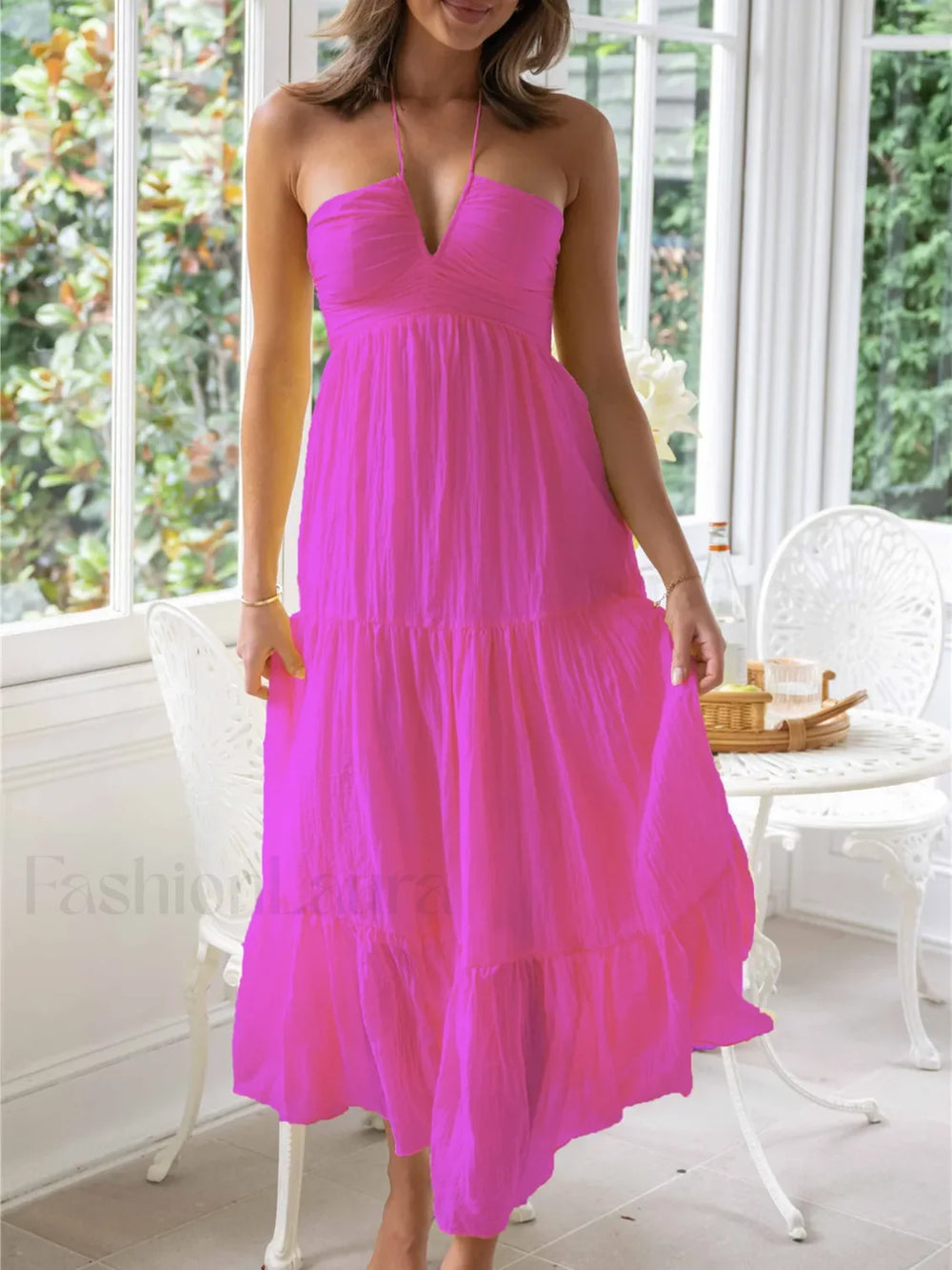 Women Solid Tie Up Halter Neck Backless Casual Beach A Line Dress Rose Red / S