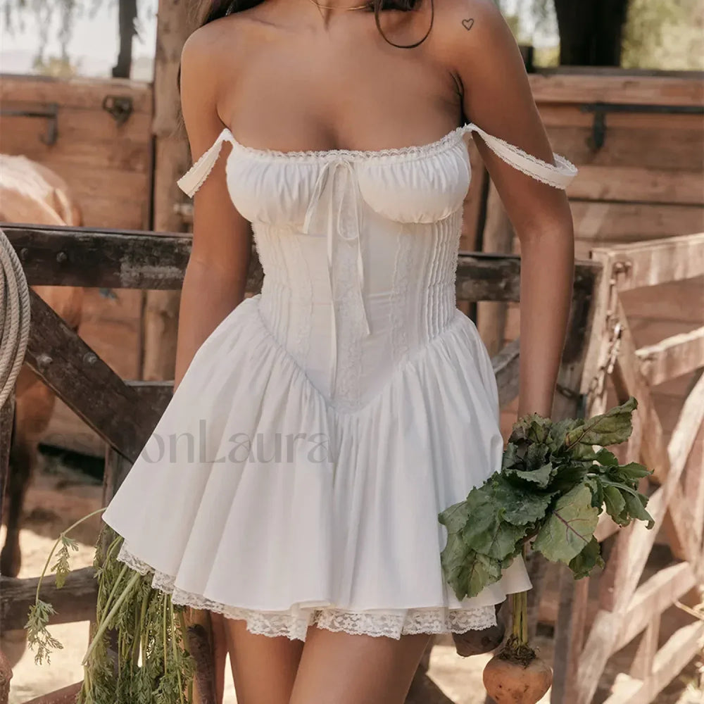 Women Summer Flowy Square Neck Tie Up Tank Casual A Line Dress WHITE / S