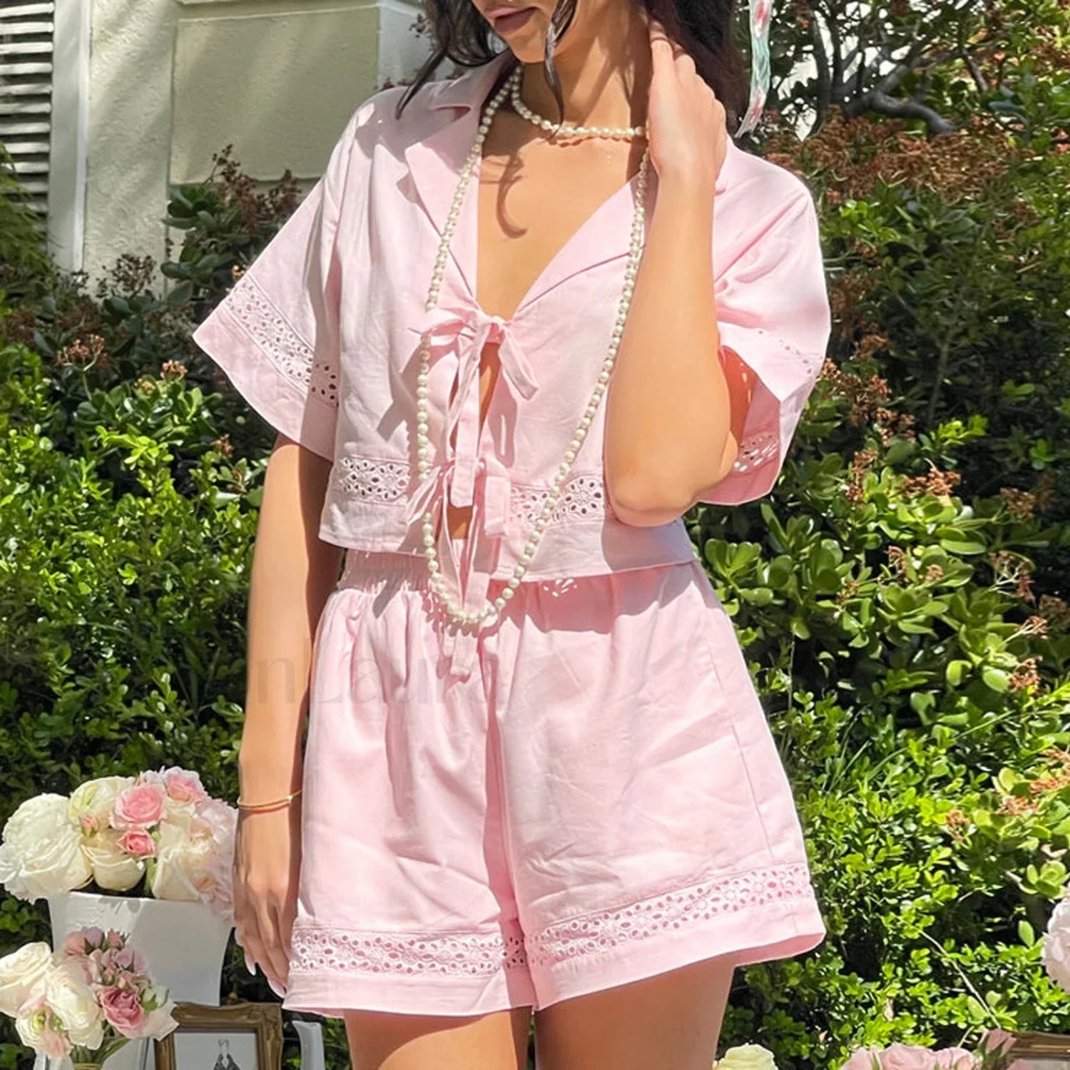 Women Tie Pajama Set V Neck Crop Top Shorts Two Piece Set S Main image