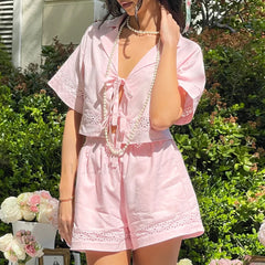 Women Tie Pajama Set V Neck Crop Top Shorts Two Piece Set S