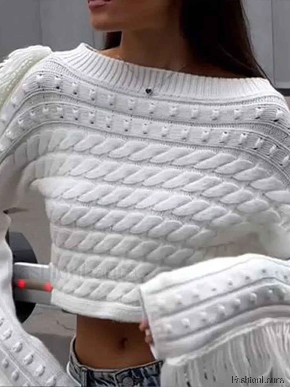 Women Vintage Solid Tassel Short Fashion Long Sleeve Knitted Pullover Sweater Sweaters L