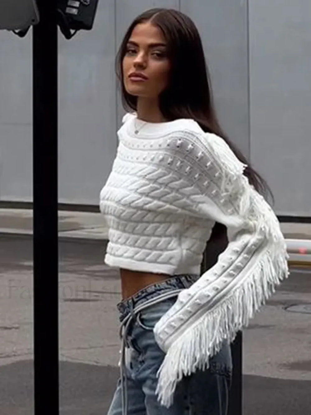 Women Vintage Solid Tassel Short Fashion Long Sleeve Knitted Pullover Sweater Sweaters L