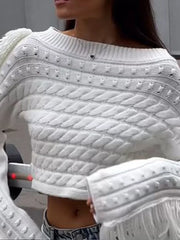 Women Vintage Solid Tassel Short Fashion Long Sleeve Knitted Pullover Sweater Sweaters L