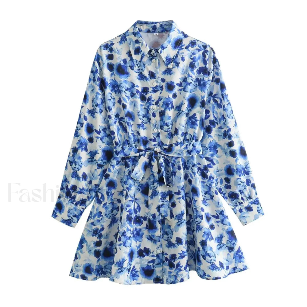 Women’s 2024 Summer New Leisure Vacation Style Waist Lace up Shirt Short Skirt Mini Dress Blue / S