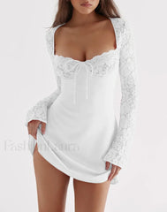 Women’s A Line Short Mini Casual Long Sleeve Patchwork Solid Color Night Out Clubwear Lace Dress
