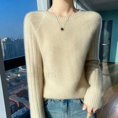 Women’s Autumn Winter O neck Long Sleeve Merino Wool Pullover Padded Cashmere Sweater Sweaters L