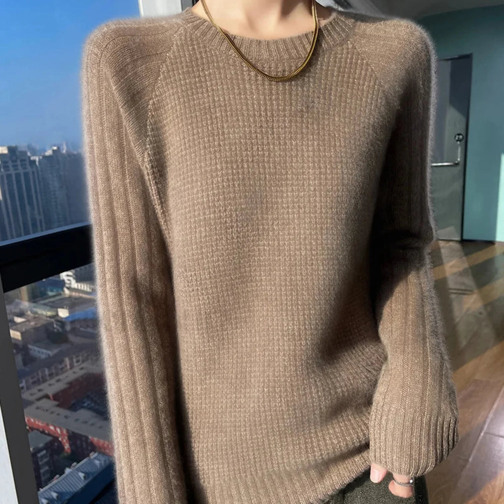 Women’s Autumn Winter O neck Long Sleeve Merino Wool Pullover Padded Cashmere Sweater Sweaters L