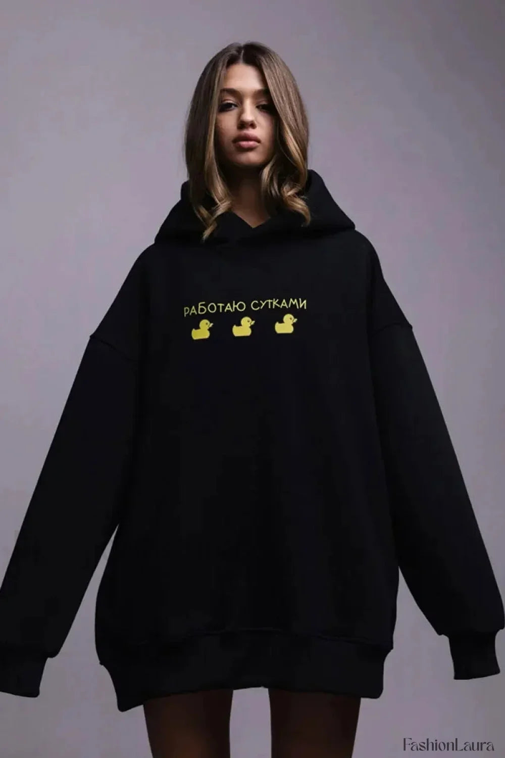 Women’s Casual Loose Fit Duck Print Hoodie Black / S