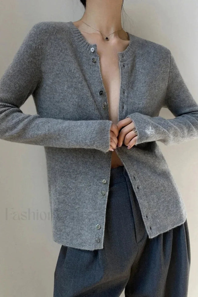 Women’s Casual Solid Round Neck Cardigan Grey / S Main image