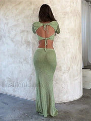 Women’s Crochet Knit 2 Piece Skirt Set Hollow Out Crop Top Long Sleeve Backless Tie Up Club Bodycon Outfits Lace Dress