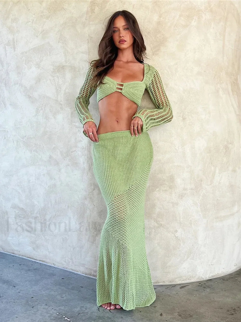 Women’s Crochet Knit 2 Piece Skirt Set Hollow Out Crop Top Long Sleeve Backless Tie Up Club Bodycon Outfits Lace Dress