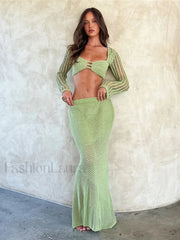 Women’s Crochet Knit 2 Piece Skirt Set Hollow Out Crop Top Long Sleeve Backless Tie Up Club Bodycon Outfits Lace Dress