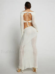 Women’s Crochet Knit 2 Piece Skirt Set Hollow Out Crop Top Long Sleeve Backless Tie Up Club Bodycon Outfits Lace Dress