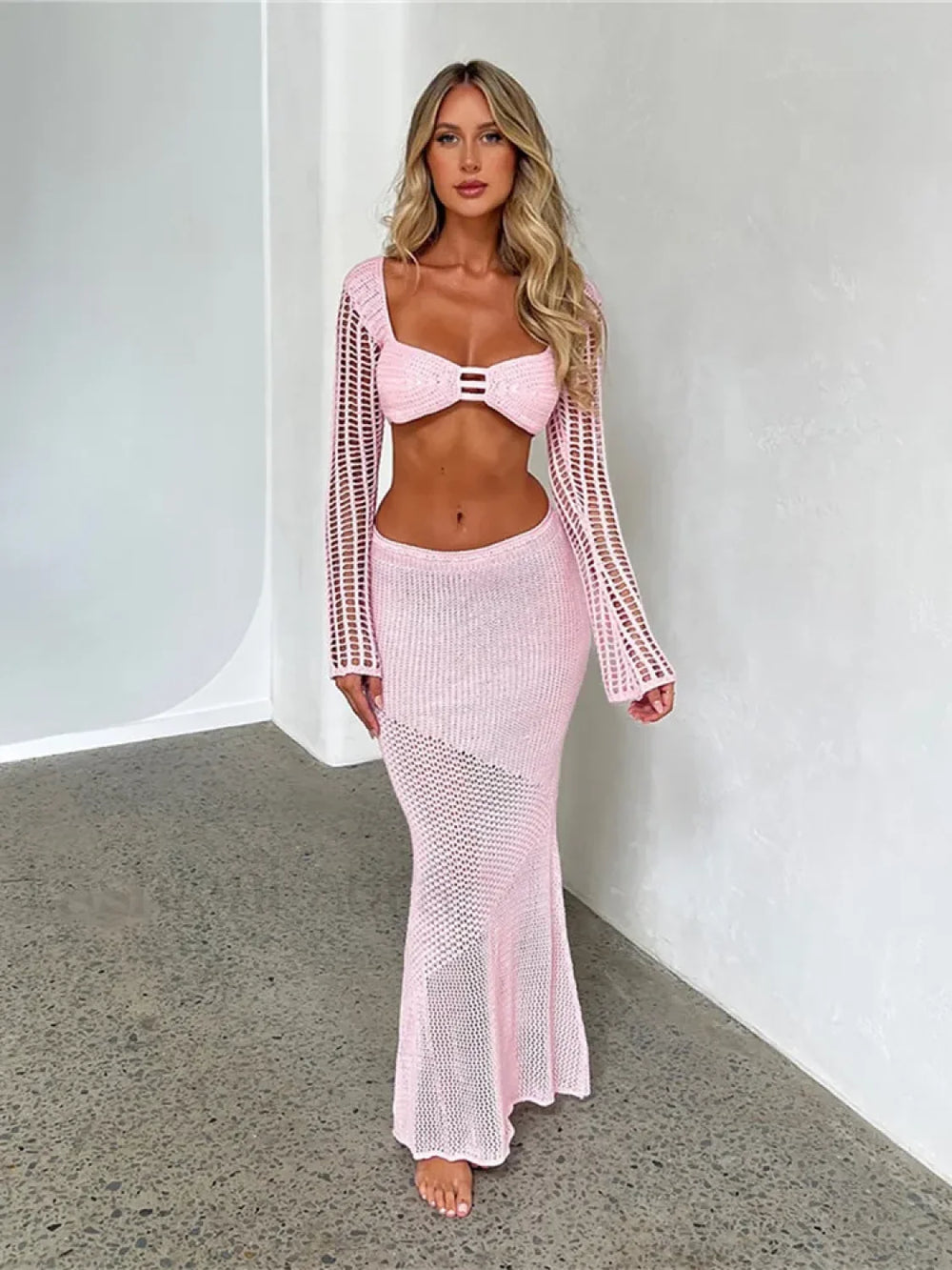 Women’s Crochet Knit 2 Piece Skirt Set Hollow Out Crop Top Long Sleeve Backless Tie Up Club Bodycon Outfits Lace Dress