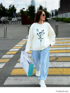 Women’s Flower Print Knitted Casual Round Neck Long Sleeve Loose Sweater Sweaters L