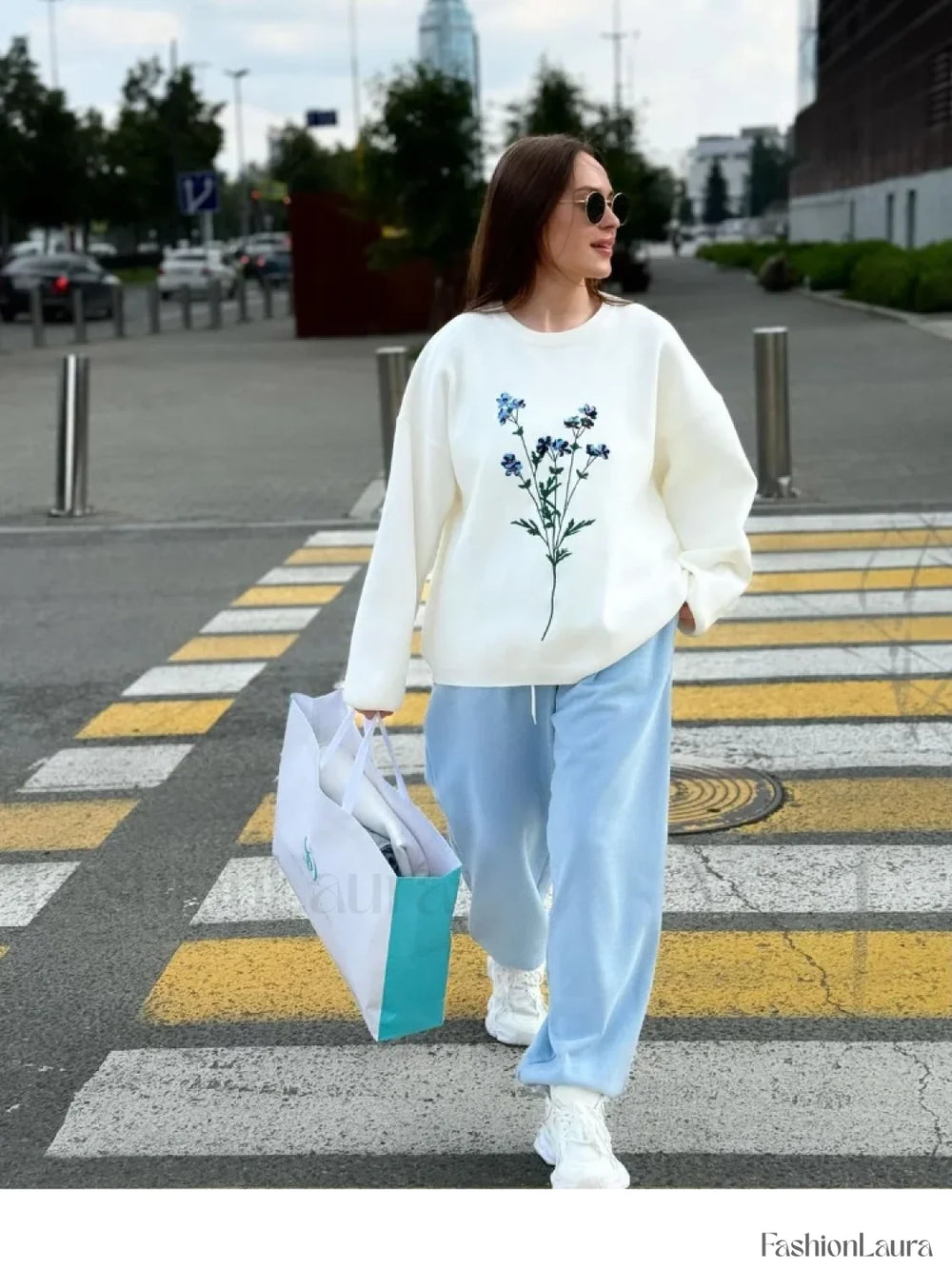 Women’s Flower Print Knitted Casual Round Neck Long Sleeve Loose Sweater Sweaters L