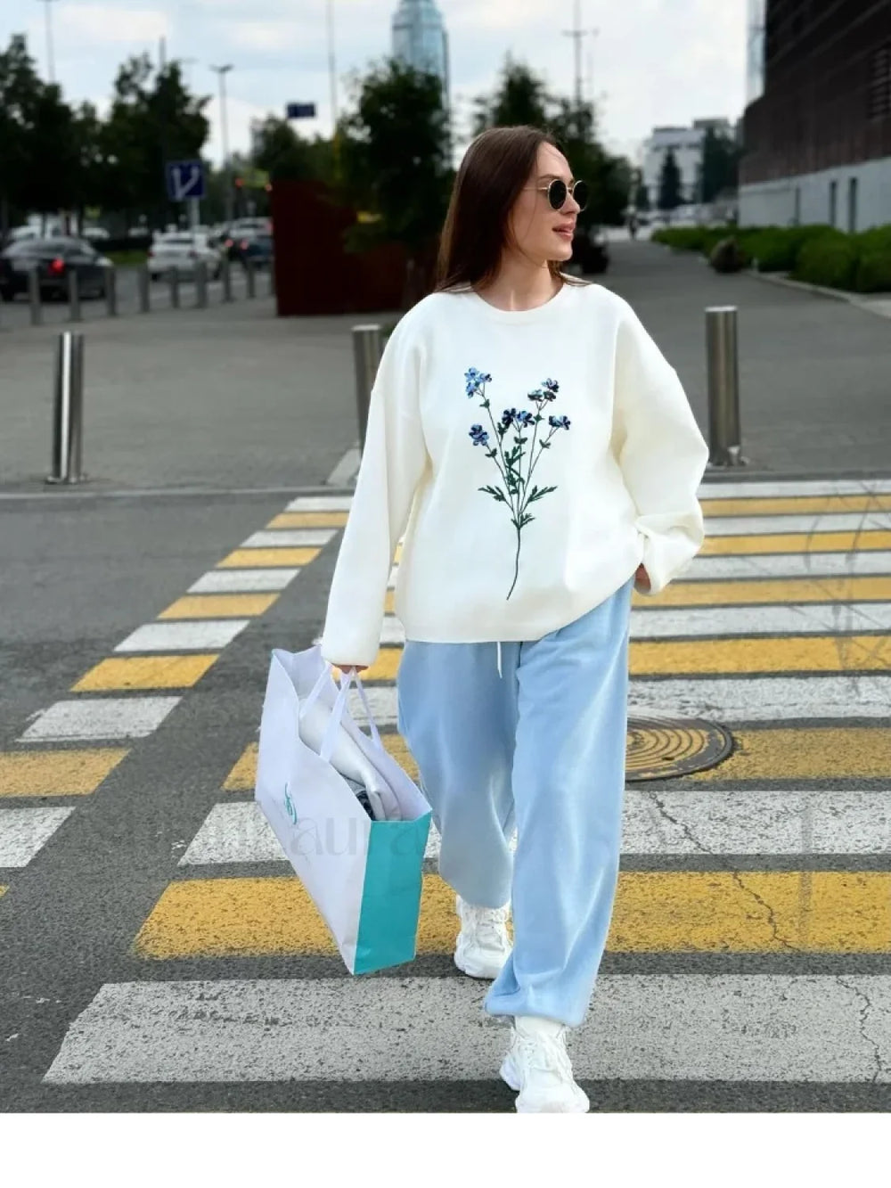 Women’s Flower Print Knitted Casual Round Neck Long Sleeve Loose Sweater Sweaters L